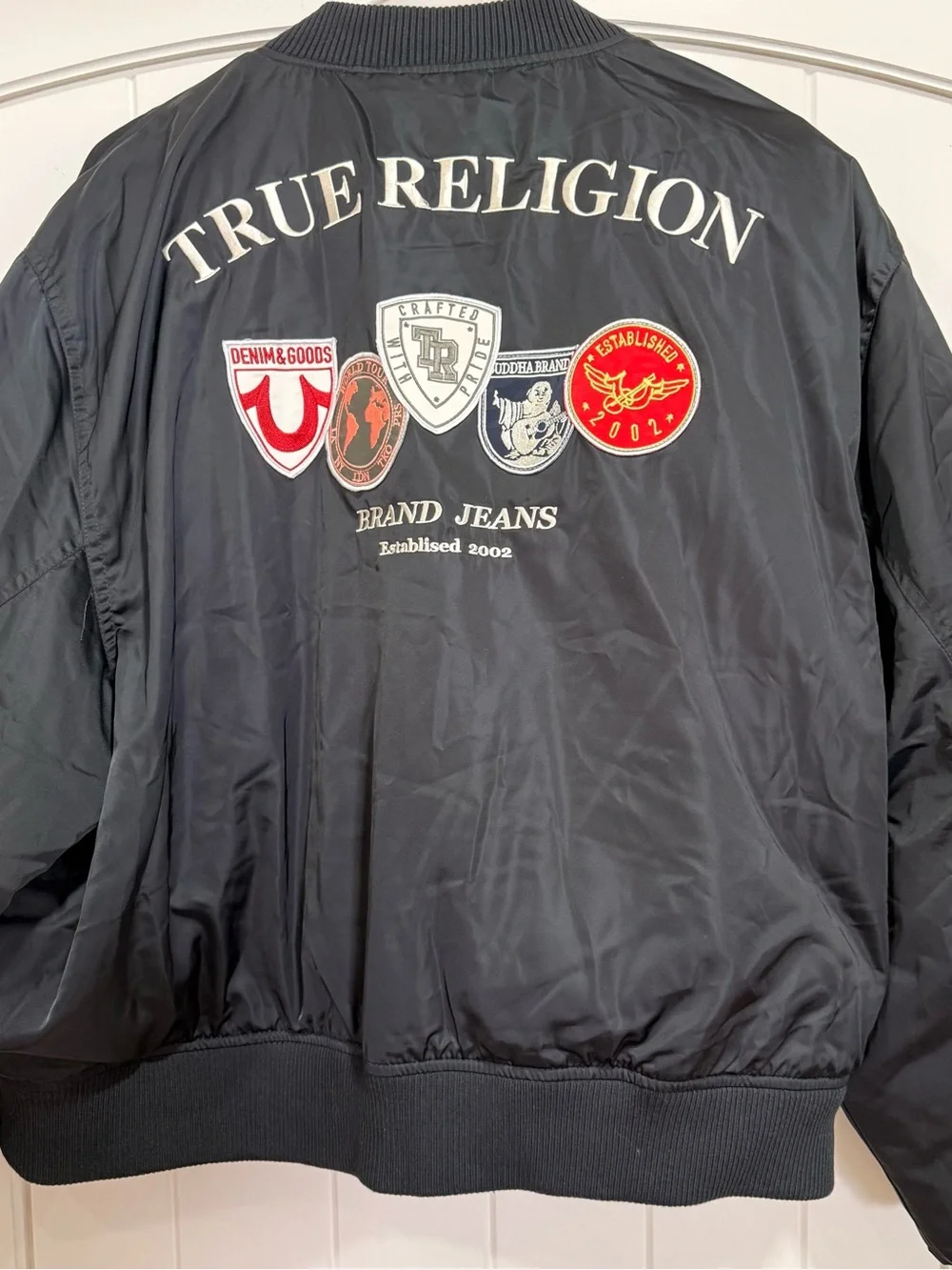 True Religion World Tour Bomber Jacket 3XL Multi-Patch Black